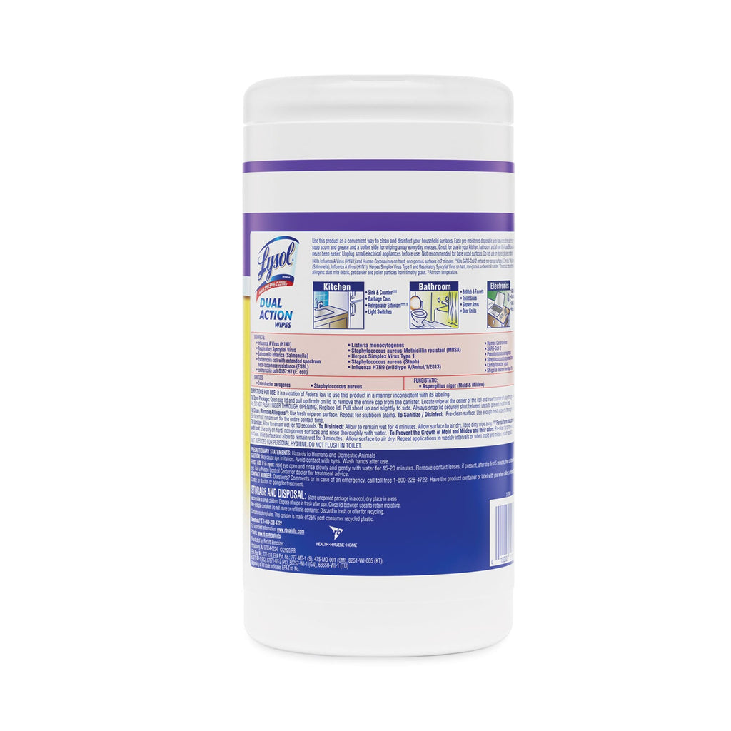 LYSOL Dual Action Disinfecting Wipes, 7 x 7.5, Citrus, White/Purple, 75/Canister, 6/Carton